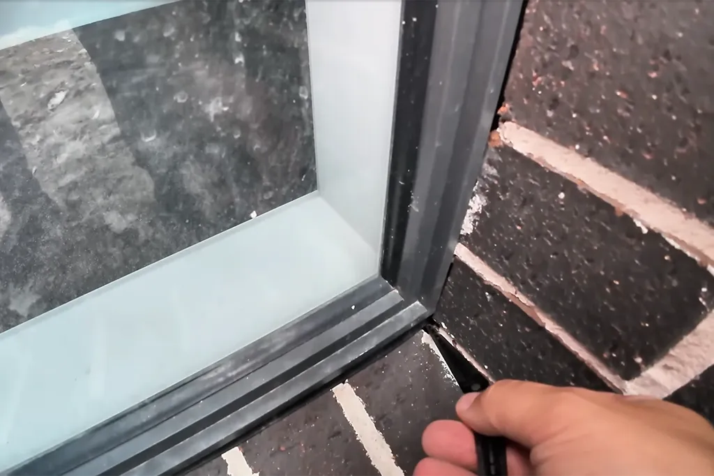 A hand pointing a tool at failed sealant where an aluminium window frame meets brick cladding, one of the most common water entry points found on an inspection.